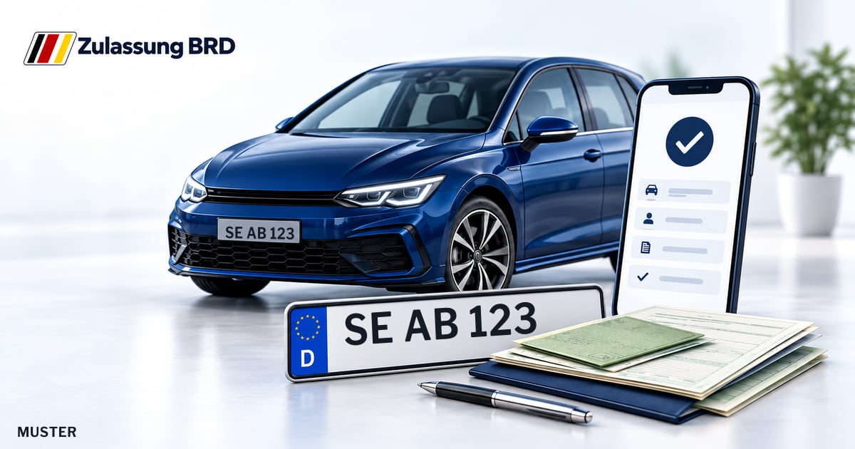 Online Fahrzeugzulassung in Henstedt-Ulzburg: Musterkennzeichen SE AB 123, Auto und Fahrzeugpapiere und Smartphone. Illustration mit Logo von Zulassung BRD.